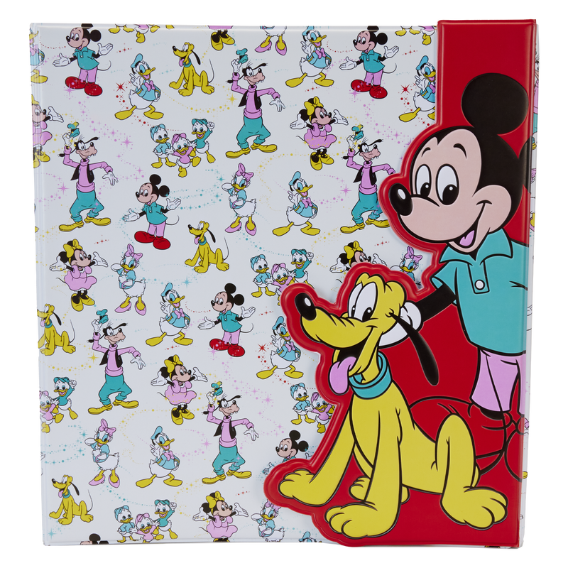 Image of our Disney100 3-Ring Binder featuring an all-over print of Disney characters and Mickey and Pluto on the closure 